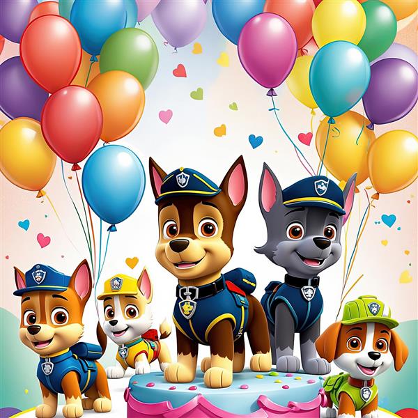 پوستر اورجینال گروه سگ‌های پاو پاترول روی کیک تولد با بادکنک و کانفتی