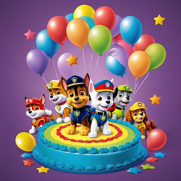 تابلوی سگ مارشال پاو پاترول در میان هدایای تولد و بادکنک‌های بزرگ رنگی