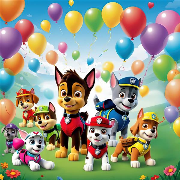 تصویر عریض سگ‌های پاو پاترول روی کیک تولد بزرگ با بادکنک و ستاره