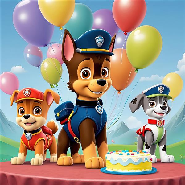 پوستر شلوغ سگ‌های پاو پاترول در محیط باز با بادکنک‌های بسیار زیاد و گل