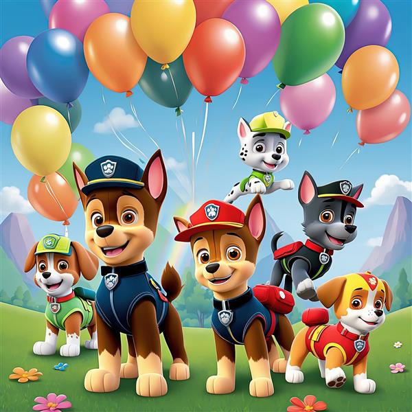 طرح دکوراسیون سگ‌های چیس، مارشال و راکی با کیک تولد روی میز قرمز