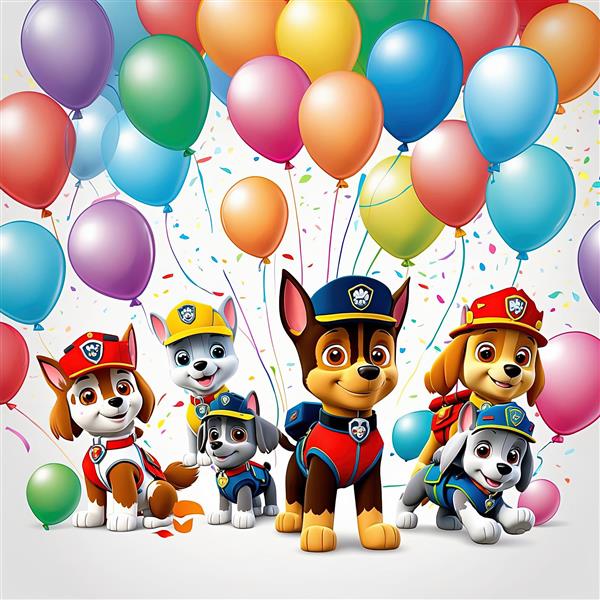 عکس باکیفیت گروه پاو پاترول با پس‌زمینه کوه و دشت در حال پرواز بادکنک‌ها