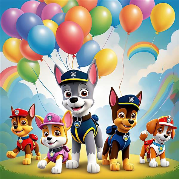 تابلو سگ‌های قهرمان پاو پاترول در میان باران کانفتی و بادکنک‌های پرشور