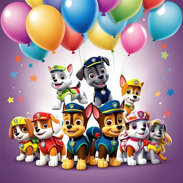 طرح دکوراتیو گروه کامل سگ‌های پاو پاترول در جشن با بادکنک و ستاره