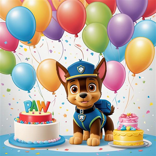 پوستر سگ پلیس چیس با کیک تولد پاو پاترول و بادکنک‌های شاد جشن