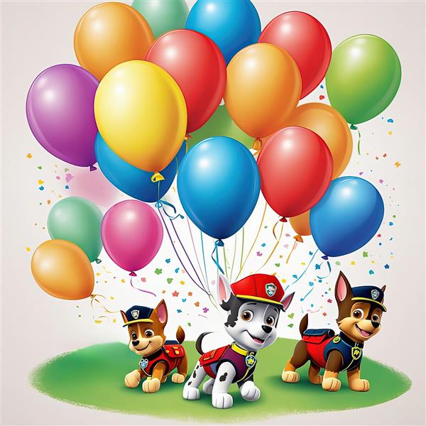 تابلوی سگ‌های مارشال و چیس پاو پاترول روی چمن در میان بادکنک‌های تولد