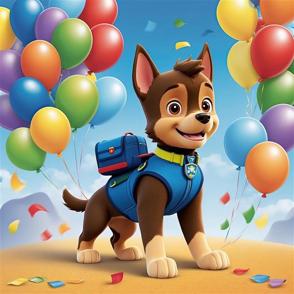 تصویر عریض چیس پاو پاترول با بادکنک‌های رنگارنگ در فضای باز و شادی