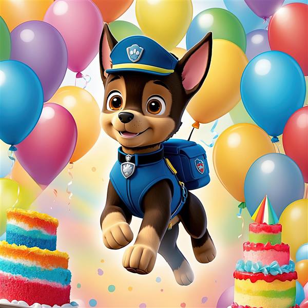 طرح جشن تولد سگ چیس پاوپاترول با کیک‌های چند طبقه و بادکنک‌های شاد