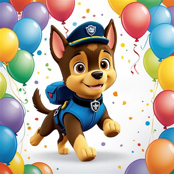 عکس باکیفیت چیس پاو پاترول در حال دویدن با لباس پلیس و بادکنک و کانفتی