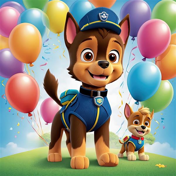 پس‌زمینه دکوراتیو چیس بزرگ و کوچک پاو پاترول روی تپه سبز با بادکنک‌های پروازی