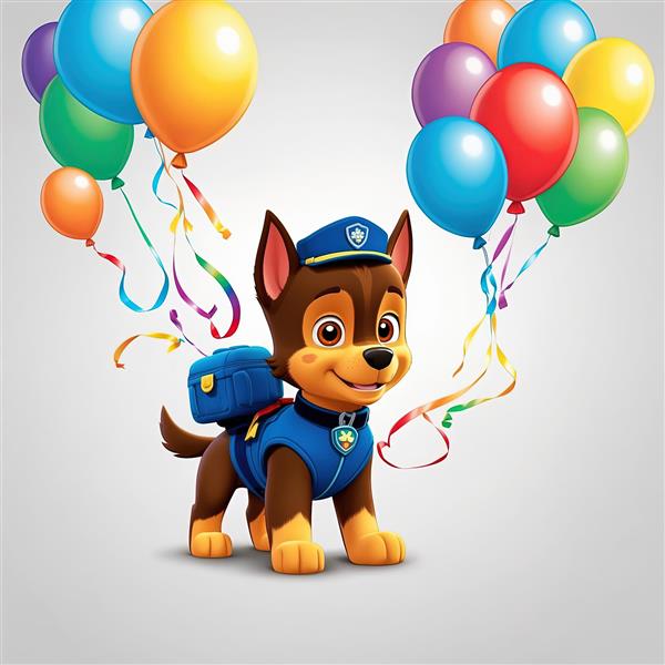 تابلو سگ کارتونی چیس پاو پاترول با دسته بادکنک‌های رنگارنگ و روبان‌های آویزان