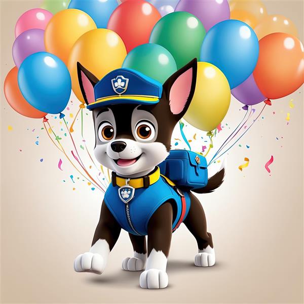 تصویر اورجینال سگ چیس با لباس آبی و کلاه پلیسی در جشن تولد شلوغ