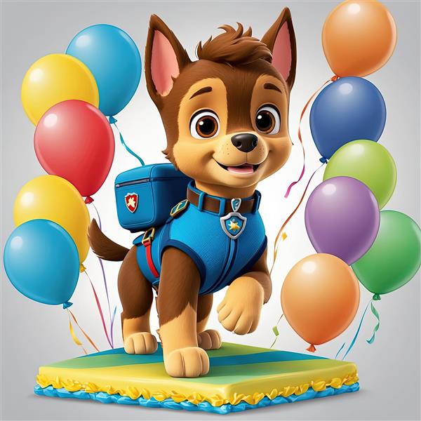 طرح دکوراتیو چیس پاو پاترول روی کیک تولد با پس‌زمینه بادکنکی و ریسه