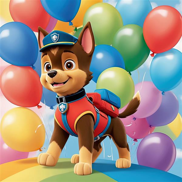 پوستر سگ پلیس چیس کارتون پاوپاترول با بادکنک‌های رنگی و آسمان شاد