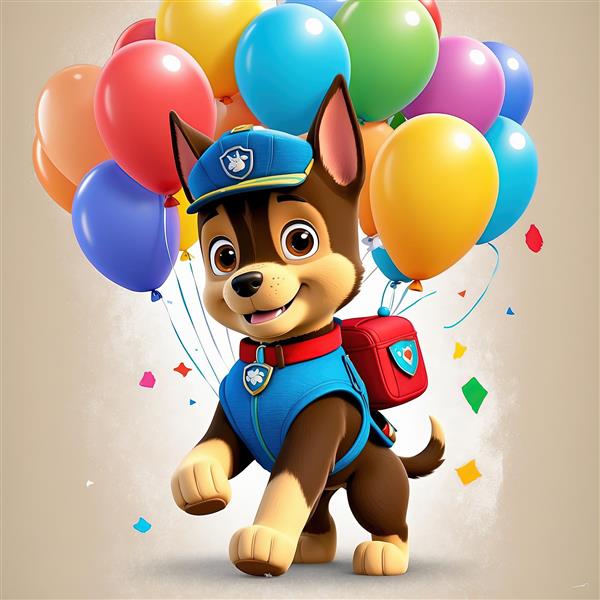 پوستر چِیس: سگ پلیس با کوله‌پشتی قرمز و بادکنک‌های تولد برای چاپ با کیفیت بالا