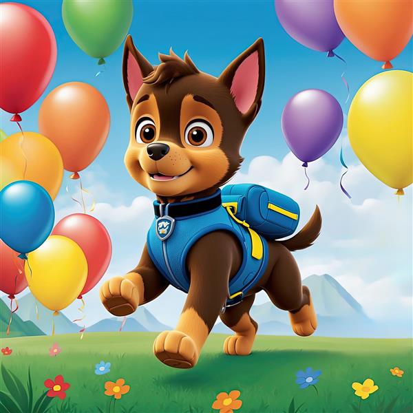 طرح دکوراتیو سگ نگهبان (راکی/زومای): در حال دویدن روی چمن با بادکنک و پس‌زمینه کوه