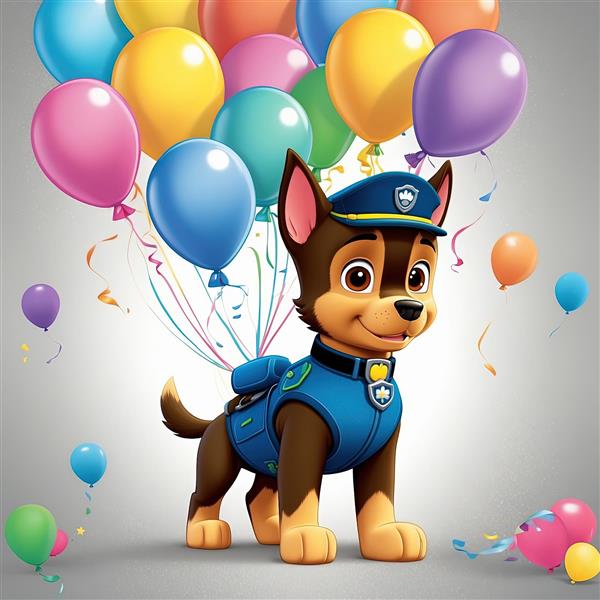 تصویر باکیفیت چِیس: سگ نگهبان با لباس آبی و بادکنک‌های شاد برای دکوراسیون دیواری