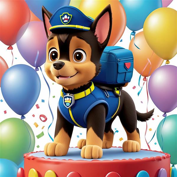 پوستر چِیس: سگ پلیس ایستاده روی کیک تولد با بادکنک‌های رنگارنگ در پس‌زمینه