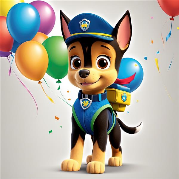 تصویر اورجینال چِیس: سگ پلیس با لباس آبی و کوله‌پشتی زرد، مناسب چاپ عریض با کیفیت بالا