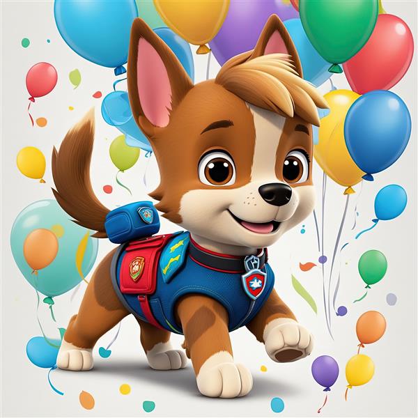 طرح دکوراتیو سگ نگهبان (راکی): شخصیت قهوه‌ای با لباس آبی و کوله زرد در حال دویدن میان بادکنک‌ها