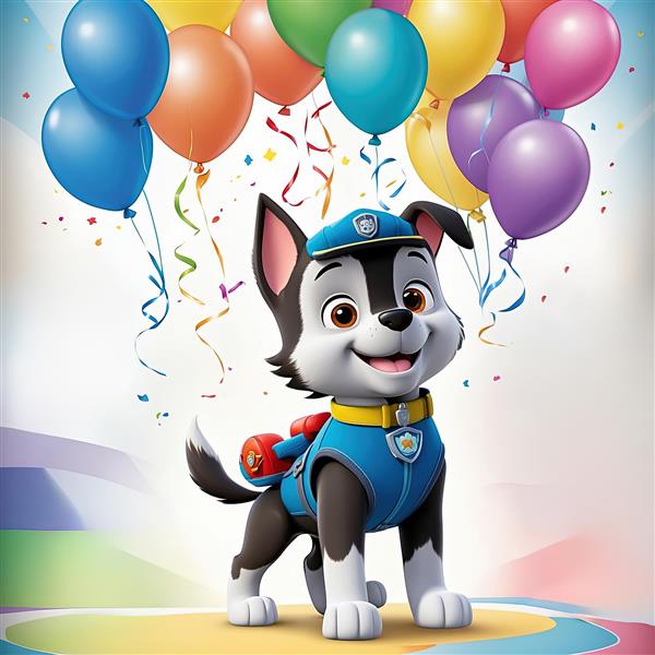 پوستر چِیس: سگ پلیس سیاه و سفید با بادکنک‌های رنگین‌کمانی و لباس آبی برای دکور اتاق کودک