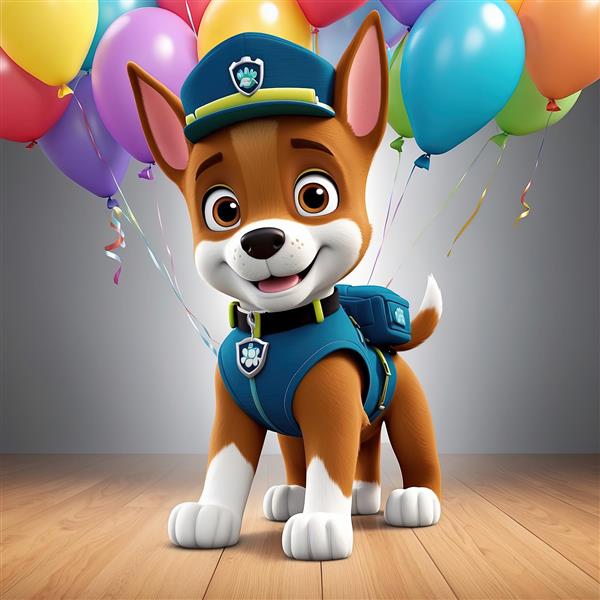 تصویر باکیفیت سگ نگهبان: شخصیت قهوه‌ای با لباس پلیس آبی در پس‌زمینه بادکنکی برای پوستر