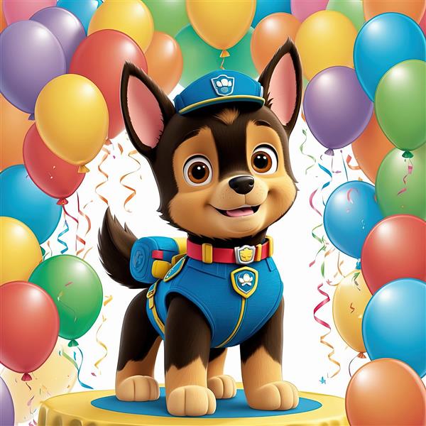 طرح اورجینال چِیس: سگ نگهبان با لباس آبی و کوله‌پشتی در جشن تولد با بادکنک‌های شاد