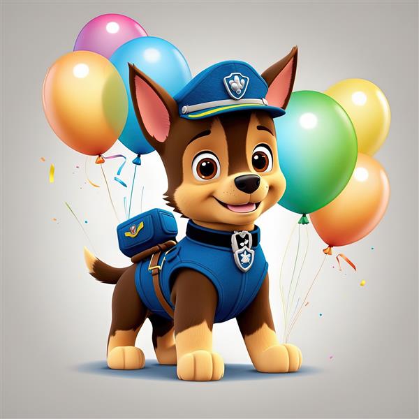 پوستر چِیس: سگ پلیس با کلاه آبی و بادکنک‌های رنگی برای چاپ عریض و محصولات دکوراتیو
