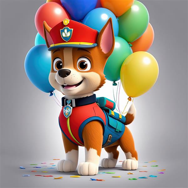 پوستر سگ نگهبان (راکی/رابل): با لباس امدادی قرمز و بادکنک، مناسب چاپ عریض با کیفیت بالا