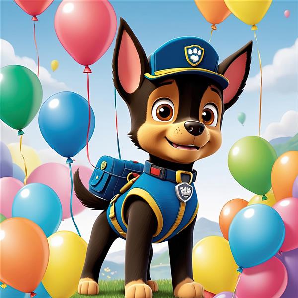 طرح دکوراتیو چِیس: سگ پلیس با لباس آبی در فضای سبز و بادکنک‌های پررنگ