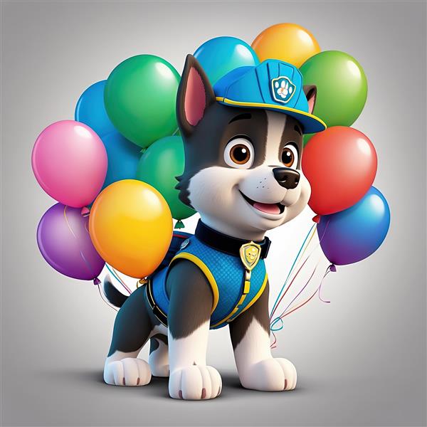 تصویر اورجینال چِیس: سگ پلیس خالدار با بادکنک‌های تولد برای دکوراسیون و چاپ تابلو