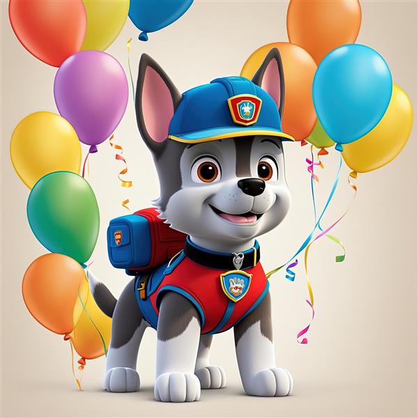 پوستر چِیس با لباس امداد و نجات: سگ گشت پنجه‌ای با کوله‌پشتی قرمز و کلاه آبی و بادکنک