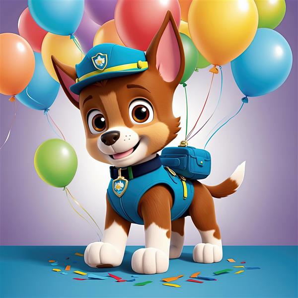 تصویر باکیفیت چِیس: سگ پلیس با کلاه آبی در جشن تولد و بادکنک‌های رنگارنگ برای چاپ