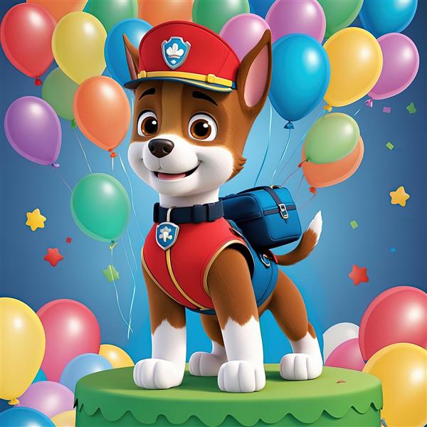 طرح گرافیکی سگ نگهبان: شخصیت (شبیه چِیس) با کلاه و لباس قرمز و پس‌زمینه بادکنکی