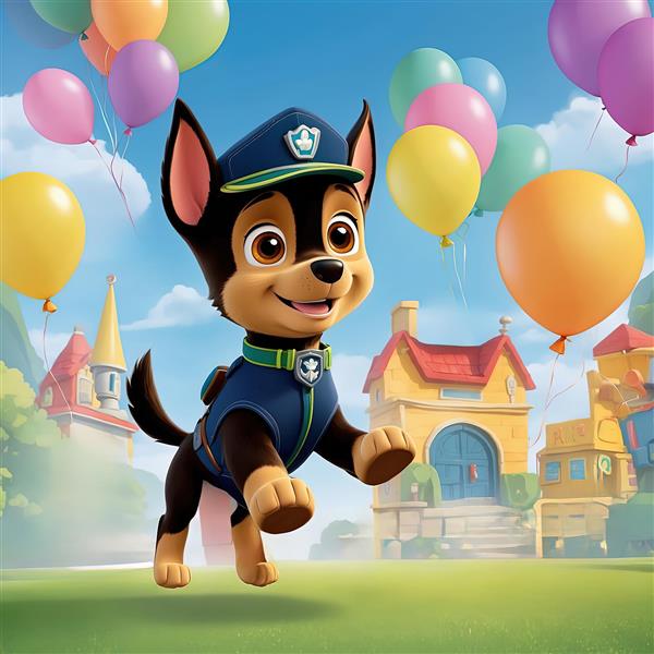 پوستر چِیس: سگ پلیس گشت پنجه‌ای در حال دویدن با پس‌زمینه شهر و بادکنک‌های پروازی