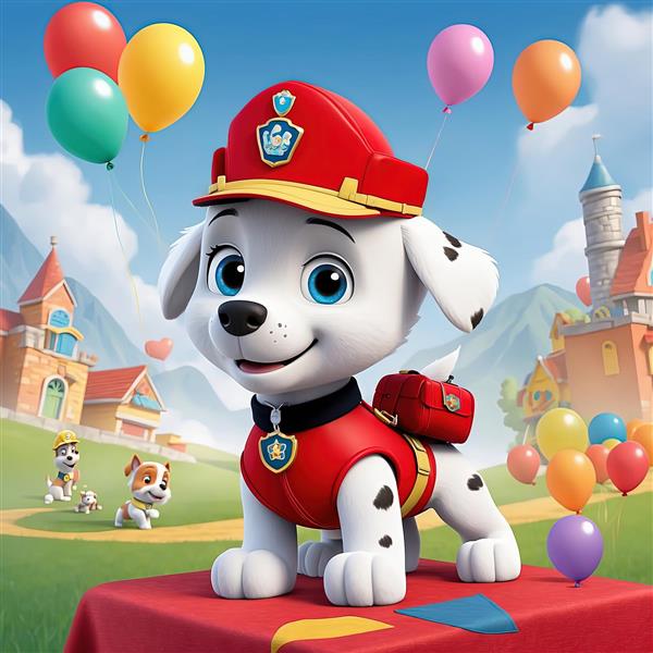 تصویر اورجینال مارشال: سگ خالدار در پارک سگ‌ها با پس‌زمینه قلعه و بادکنک