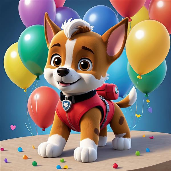 طرح دکوراتیو سگ نگهبان: شخصیت قهوه‌ای (راکی/رابل) با بادکنک و لباس قرمز مناسب چاپ عریض