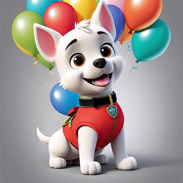 پوستر مارشال: سگ نگهبان با لباس آتش‌نشانی قرمز و بادکنک‌های شاد برای اتاق کودک