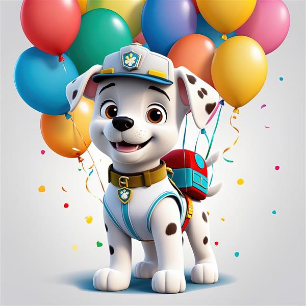 پوستر مارشال: سگ خالدار با لباس سفید و بادکنک‌های متنوع، مناسب چاپ عریض برای اتاق کودک