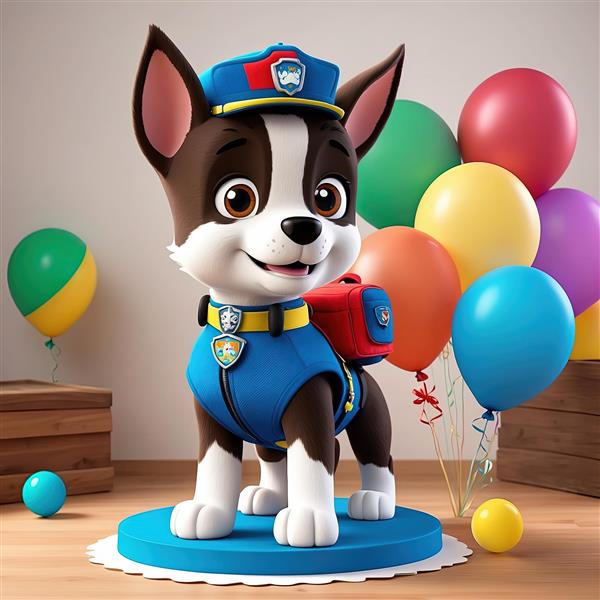 طرح دکوراتیو چِیس: مارشال سگ پلیس با کلاه آبی و بادکنک‌های تولد برای چاپ باکیفیت بالا