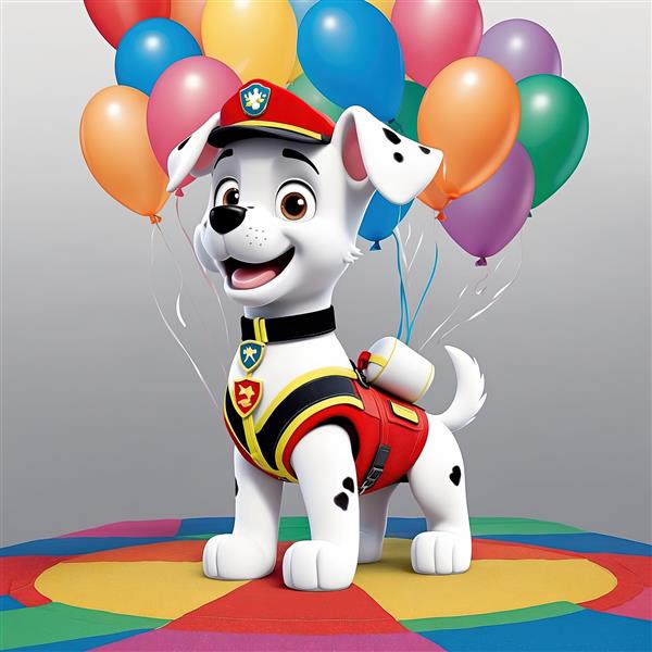 تصویر اورجینال مارشال: سگ نگهبان با لباس قرمز و تشک رنگین‌کمان و بادکنک برای پوستر دیواری