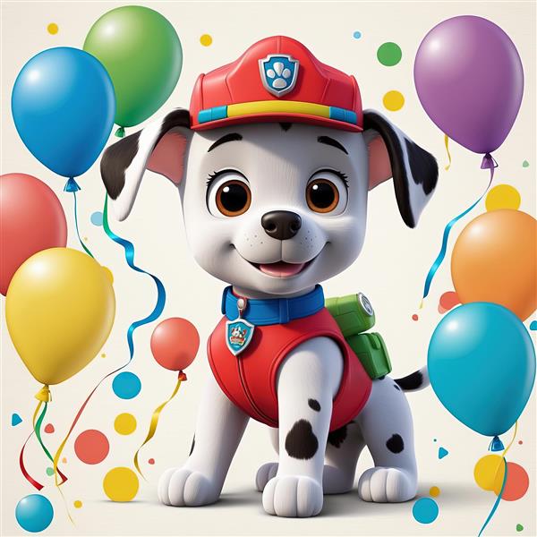 تصویر مارشال با لباس قرمز: سگ خالدار گشت پنجه‌ای با کوله‌پشتی سبز در میان بادکنک‌های شاد