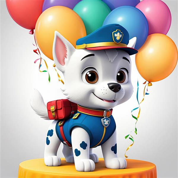 پوستر چِیس: مارشال سگ پلیس با بادکنک و لباس آبی برای دکور اتاق کودک
