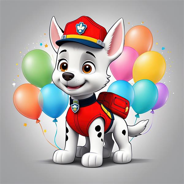 طرح گرافیکی مارشال: سگ آتش‌نشان با لباس قرمز و بادکنک‌های تولد برای چاپ عریض دکوراتیو
