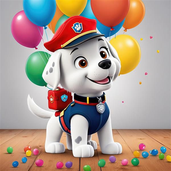 تصویر باکیفیت مارشال با لباس آبی: سگ خالدار گشت پنجه‌ای با کلاه قرمز و بادکنک‌های متنوع برای چاپ