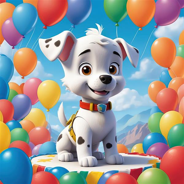 پوستر دکوراتیو مارشال: سگ نگهبان با لباس طلایی و زمینه کوه و آسمان آبی و انبوه بادکنک