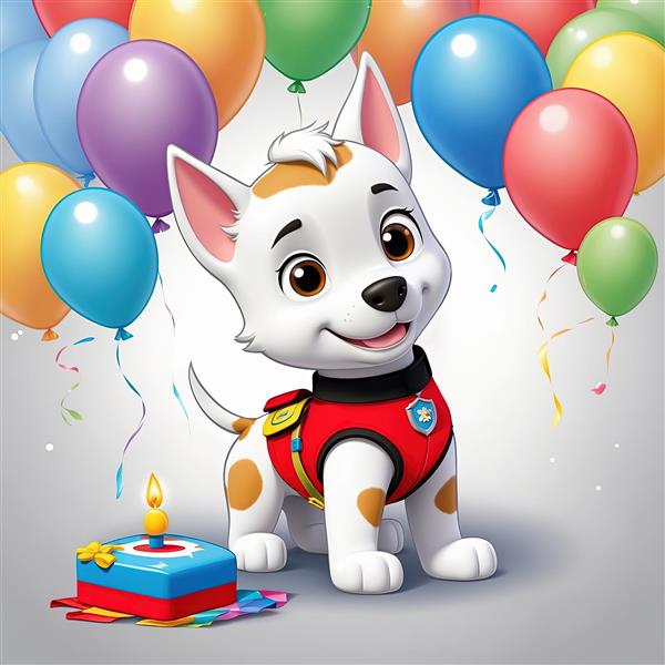 پوستر مارشال: سگ نگهبان با کیک تولد و بادکنک‌های رنگی برای دکور اتاق کودک