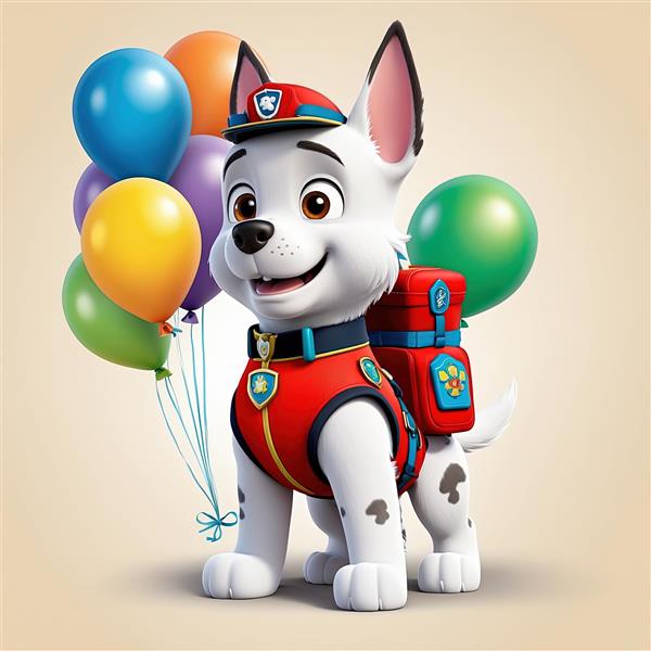 پوستر اورجینال مارشال با بادکنک تصویر باکیفیت سگ نگهبان با لباس امداد و نجات و کوله‌پشتی