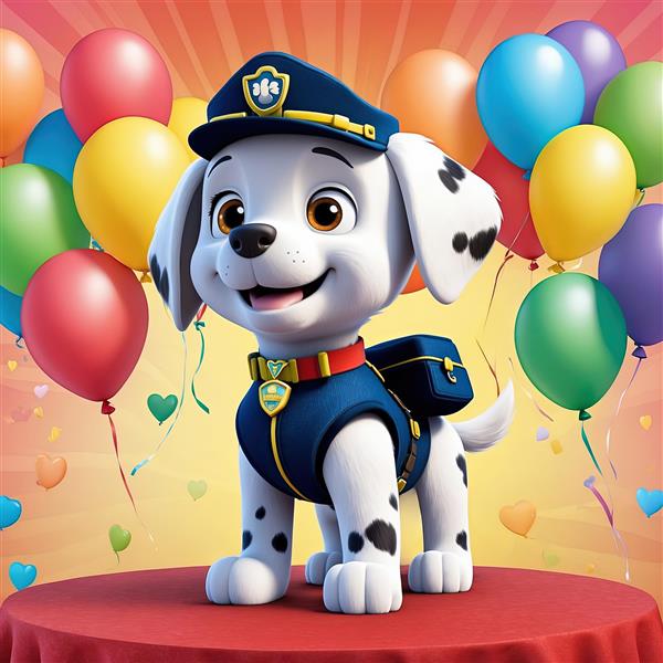 تصویر جشن تولد مارشال: سگ نگهبان با لباس آبی تیره و بادکنک‌های رنگی برای دکوراسیون و چاپ