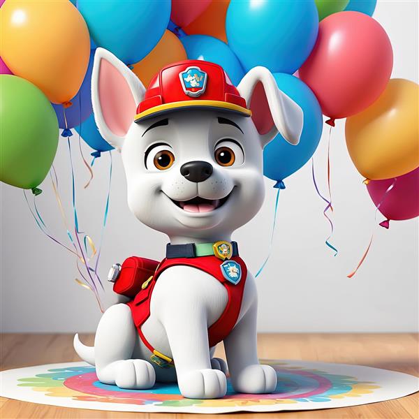 پوستر باکیفیت مارشال سگ خالدار با لباس آتش‌نشانی قرمز و کلاه در میان بادکنک‌ها